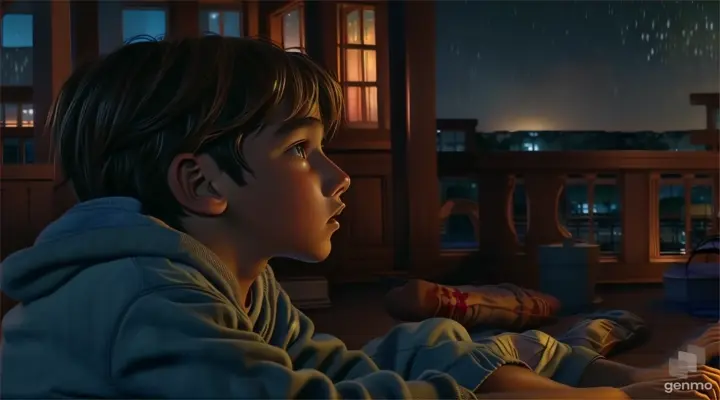 a young boy sitting on a porch at night