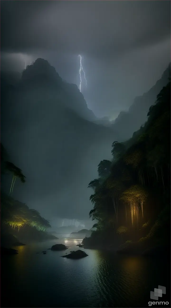 A thunderstorm on a dark night in the jungle
