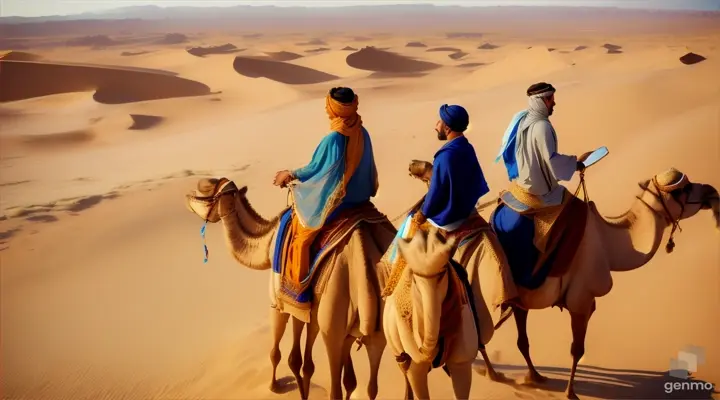 A man and a beautiful woman are traveling on two camels, one with a woman and the other with a man.
