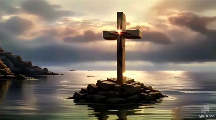 a cross sitting on top of a rock in the ocean