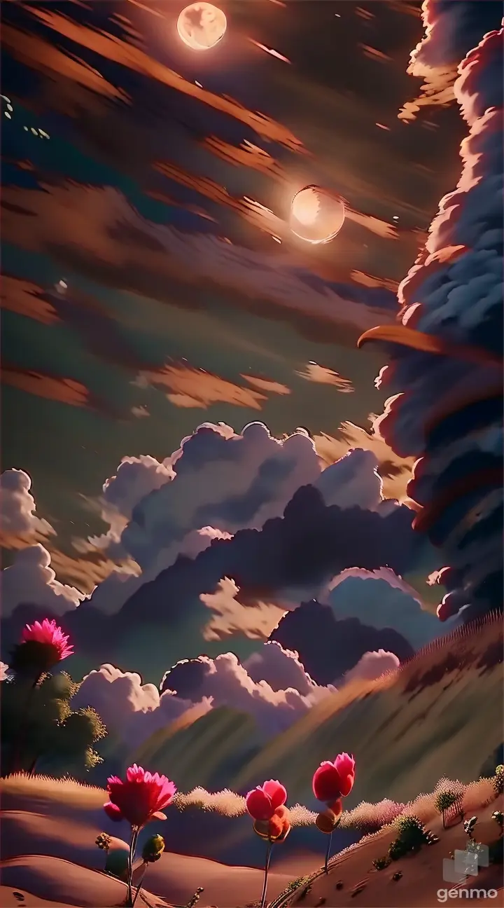 a painting of flowers in a field with a full moon in the background