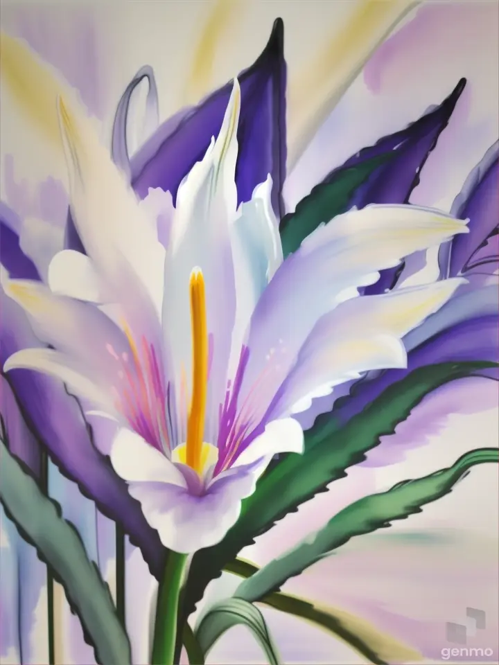 A minimalist white lily in the style of Picasso, finger painting with heavy smooth white outlines. On a pastel purple watercolor pop art background.