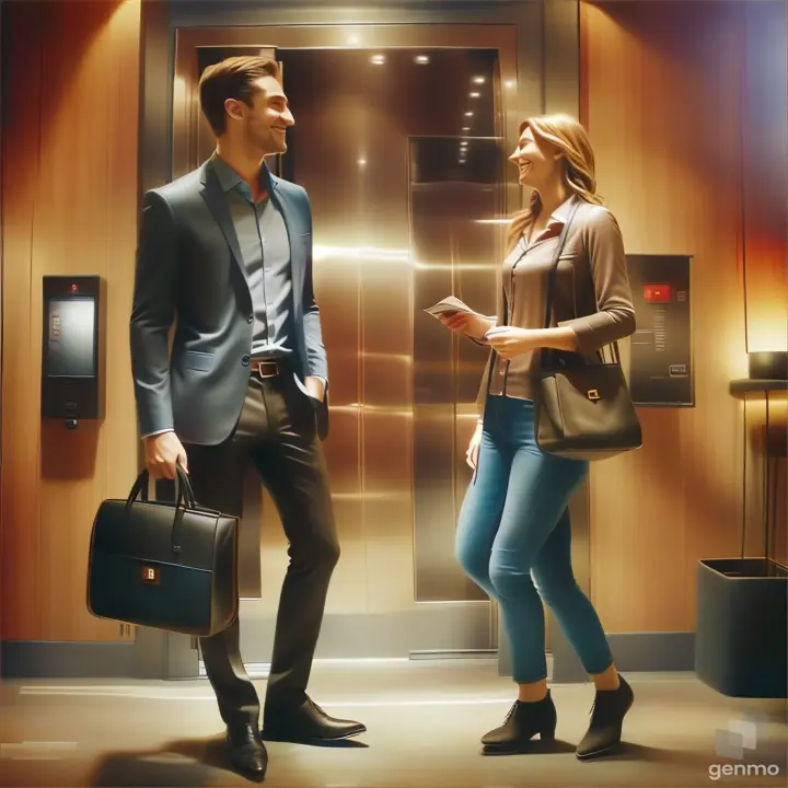 a man and a woman standing in an elevator