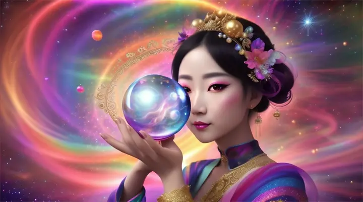 I want to make an image of a Chinese fairy in the style of a Bodhisattva holding a glass ball with rainbow colors spiraling like a galaxy, surrounded by images of sparkling stars in rainbow colors and a few planets., in the style of Photo real, hyper-realistic, high dynamic range, rich colors, lifelike textures, 8K UHD, high color depth, Nikon D 850, Kodak Portra 400, Fujifilm XT 16:9

