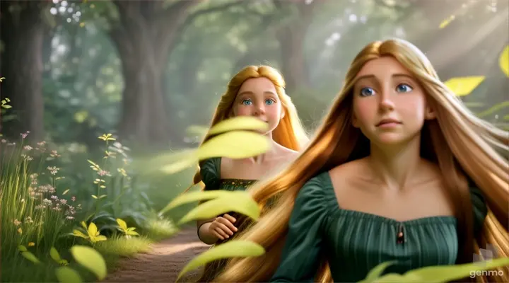 "Set in a lush forest backdrop, Rapunzel and a young man named Flynn
 bursts into view, their feet pounding against the earth as they dash forward with determination. Rapunzel, her golden glowing radiant and flowing hair trailing behind like a cascade of silk, runs alongside her companion. The scene is filled with adrenaline and urgency as they navigate through the dense foliage, evoking a sense of adventure and excitement."