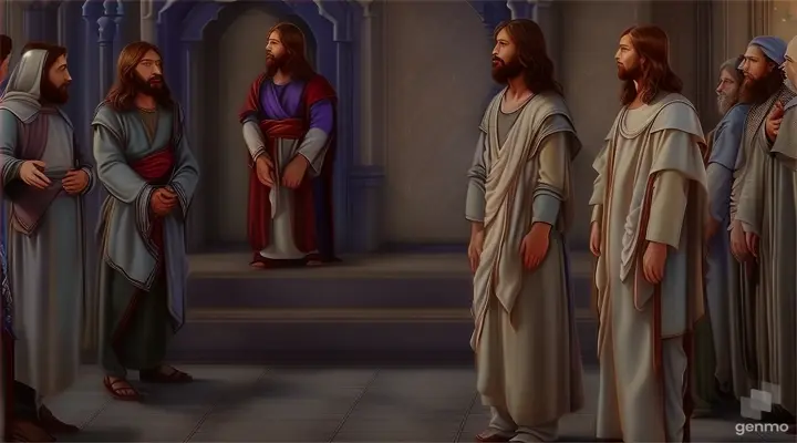a painting of jesus talking to a group of people