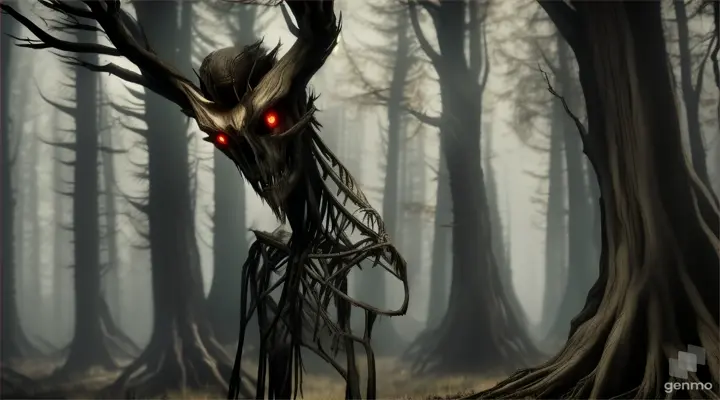 Wendigo, legendary ghost from North American myth. His body was tall and slender, his skin seemed to be made from rotten wood, and his eyes radiated a glint. a with video of 16:9