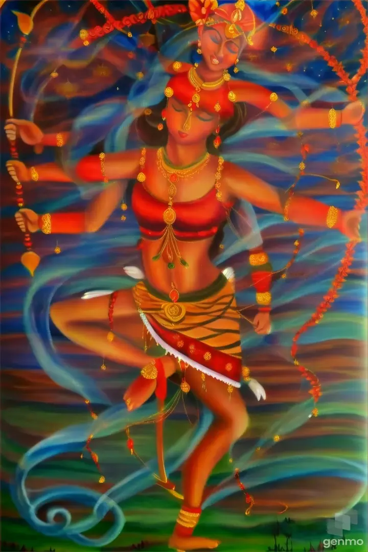 a painting of a woman with a bow and arrow, she IS joyfully and powerful dancing on a lotus, with a démon screaming under his left feet, she send arrows with her bow 