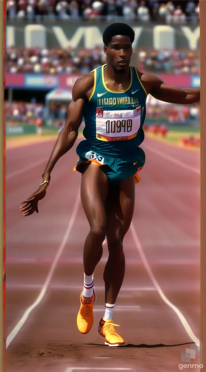 Historical photo of Mike Powell during his record-setting long jump at the 1991 World Championships, accompanied by text detailing his impressive achievement.
