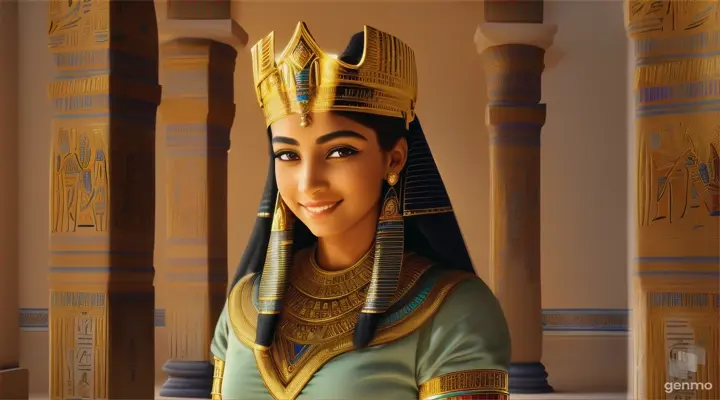 "This is an image inspired by ancient Egyptian culture, surrounded by a serene and mystical environment. The character has long, flowing white skin adorned big blue eye smile a little with flowers and wears intricate golden jewelry featuring a beautiful young woman in traditional attire standing inside a room decorated with unique symbols and architecture of Egypt. She smiles happily, wearing a golden crown with intricate designs, and her face is obscured by a beige rectangle. The walls are adorned with various Egyptian symbols and hieroglyphs, giving the image a historical and cultural atmosphere. Additionally, there is a door or window that opens to reveal the pyramids under a clear sky, creating a connection between the interior and the significant sites of ancient Egypt outside. To the right, there is a statue of an animal resembling a lion wearing an Egyptian crown similar to those worn by pharaohs, and the ceiling is decorated with colorful art and patterns characteristic of ancient Egyptian art." horizontal image