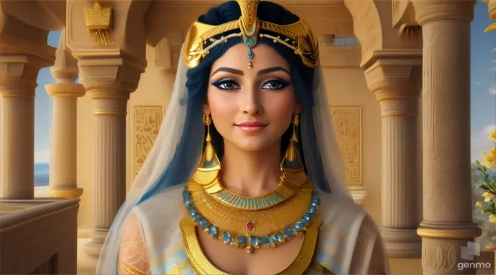 "This is an image inspired by ancient Egyptian culture, surrounded by a serene and mystical environment. The character has long, flowing white skin adorned big blue eye smile a little with flowers and wears intricate golden jewelry featuring a beautiful young woman in traditional attire standing inside a room decorated with unique symbols and architecture of Egypt. She smiles happily, wearing a golden crown with intricate designs, and her face is obscured by a beige rectangle. The walls are adorned with various Egyptian symbols and hieroglyphs, giving the image a historical and cultural atmosphere. Additionally, there is a door or window that opens to reveal the pyramids under a clear sky, creating a connection between the interior and the significant sites of ancient Egypt outside. To the right, there is a statue of an animal resembling a lion wearing an Egyptian crown similar to those worn by pharaohs, and the ceiling is decorated with colorful art and patterns characteristic of ancient Egyptian art." horizontal image