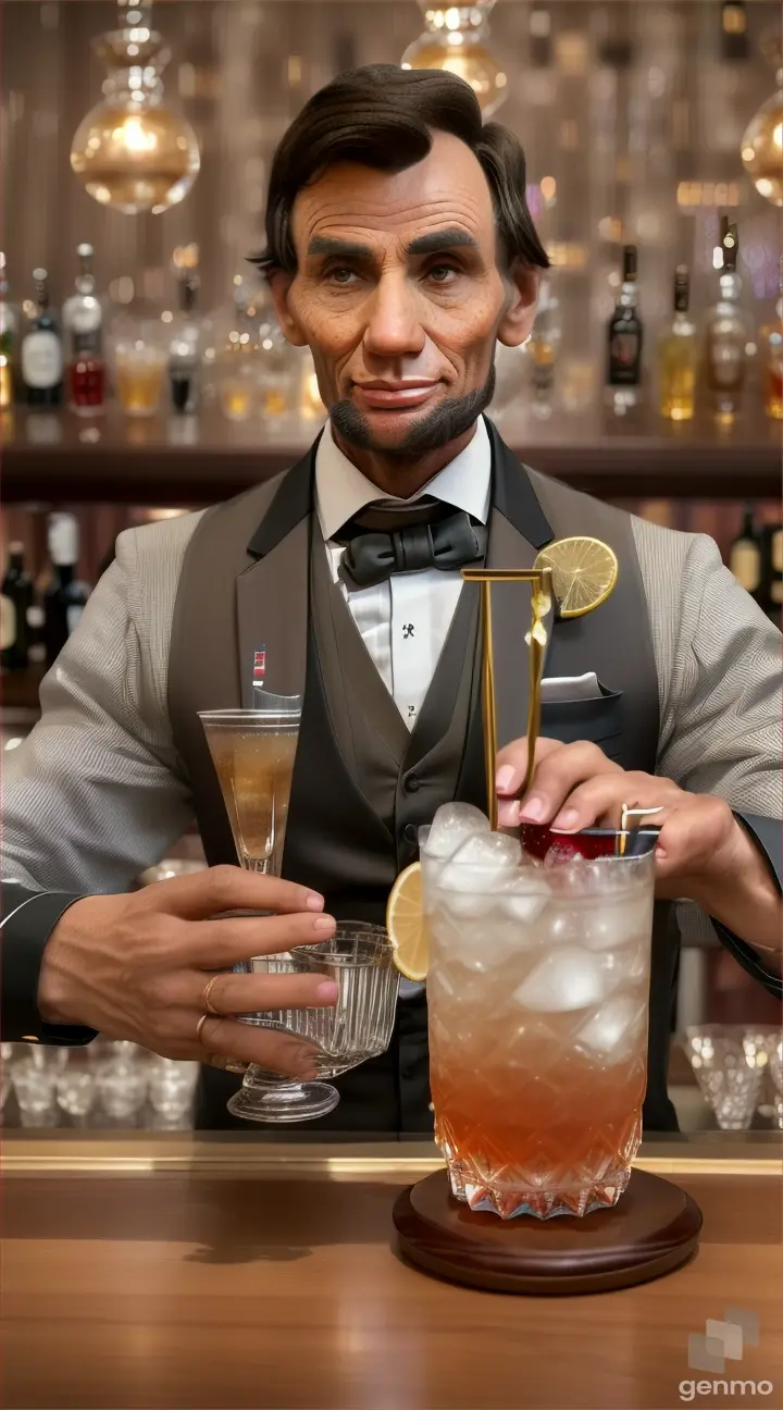 Modern interpretation of Lincoln's bartending legacy, with a contemporary bar scene incorporating elements of his time behind the counter.
