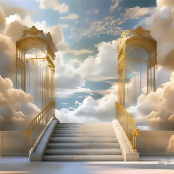 a stairway leading up to a sky filled with clouds