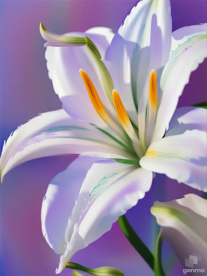 A minimalist white lily in the style of Picasso, finger painting with heavy smooth white outlines. On a pastel purple watercolor pop art background.