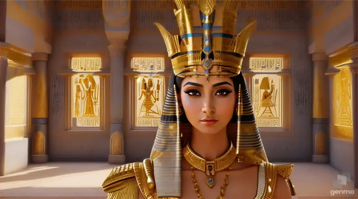 "This is an image inspired by ancient Egyptian culture, surrounded by a serene and mystical environment. The character has long, flowing white skin adorned big blue eye smile a little with flowers and wears intricate golden jewelry featuring a beautiful young woman in traditional attire standing inside a room decorated with unique symbols and architecture of Egypt. She smiles happily, wearing a golden crown with intricate designs, and her face is obscured by a beige rectangle. The walls are adorned with various Egyptian symbols and hieroglyphs, giving the image a historical and cultural atmosphere. Additionally, there is a door or window that opens to reveal the pyramids under a clear sky, creating a connection between the interior and the significant sites of ancient Egypt outside. To the right, there is a statue of an animal resembling a lion wearing an Egyptian crown similar to those worn by pharaohs, and the ceiling is decorated with colorful art and patterns characteristic of ancient Egyptian art." horizontal image