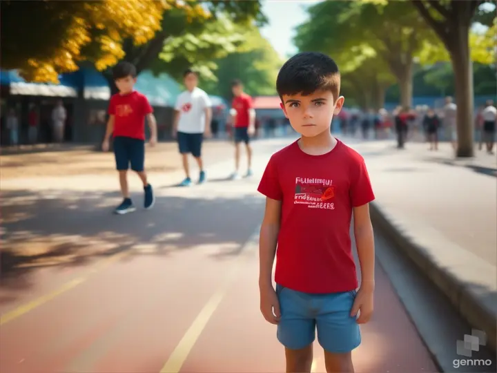 A boy standing above the path.T-shirt colour red.Bye background in people!