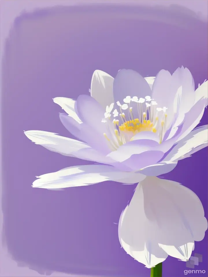 A minimalist White flower in the style of Picasso, finger painting with heavy smooth white outlines. On a pastel purple watercolor pop art background.