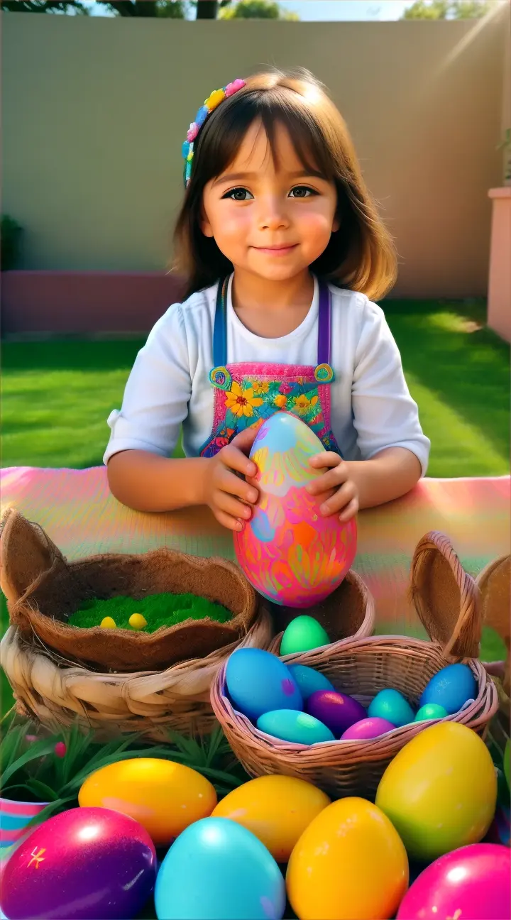 Niña en el jardín recogiendo huevos de pascua pintados muy lindos.