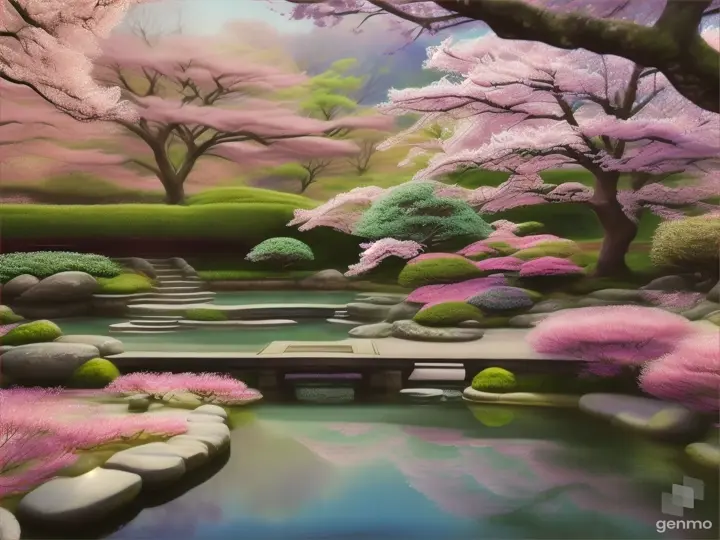 Peaceful Zen garden with cherry blossoms, pastel colors, watercolor