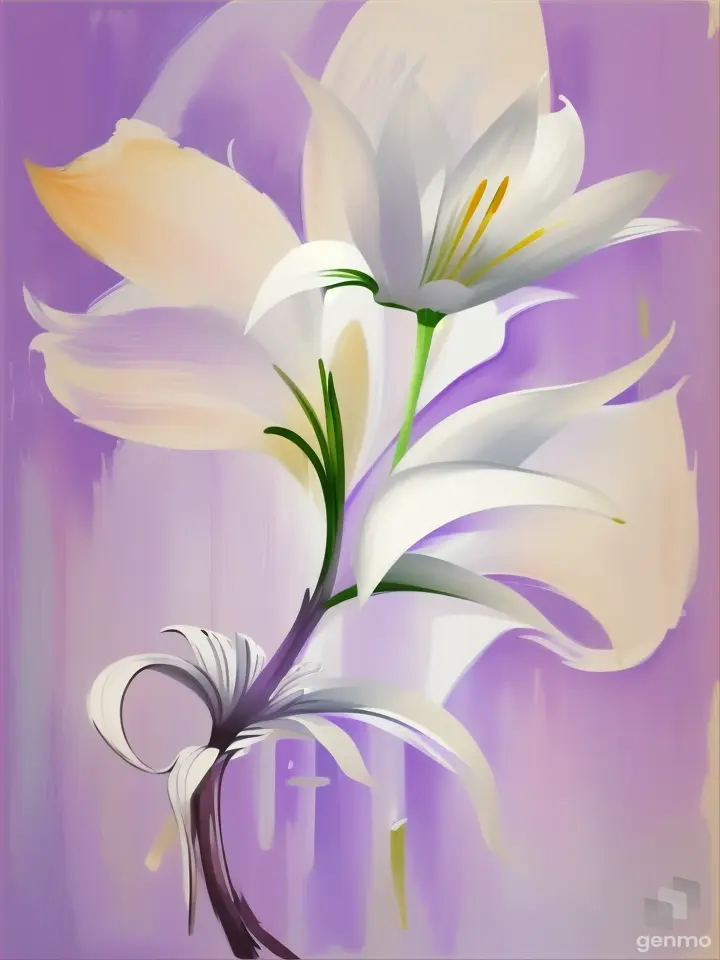A minimalist stylized stem with white lily flower, in the style of Picasso, finger painting with heavy white sketch outlines. On a pastel purple watercolor pop art background.