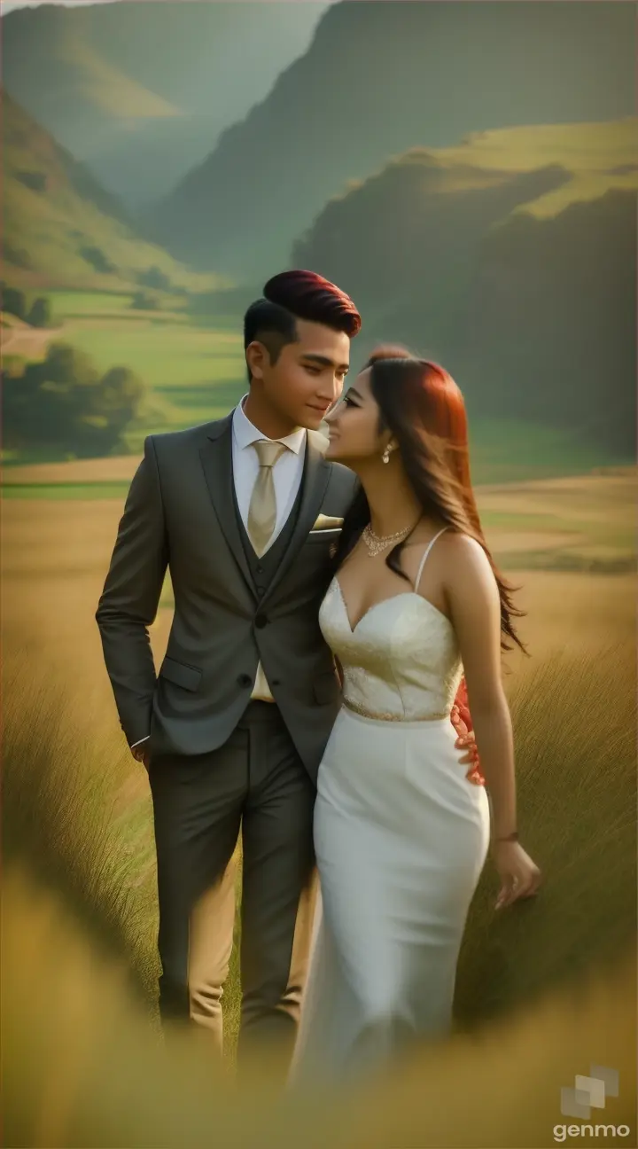 Nepali stylish close-up face of young man and women, walking on behind the grassland scenes, lovely couple, lovely expressions, they wears professional suit wear 