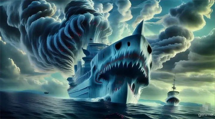 a giant boat with a giant shark face smoking