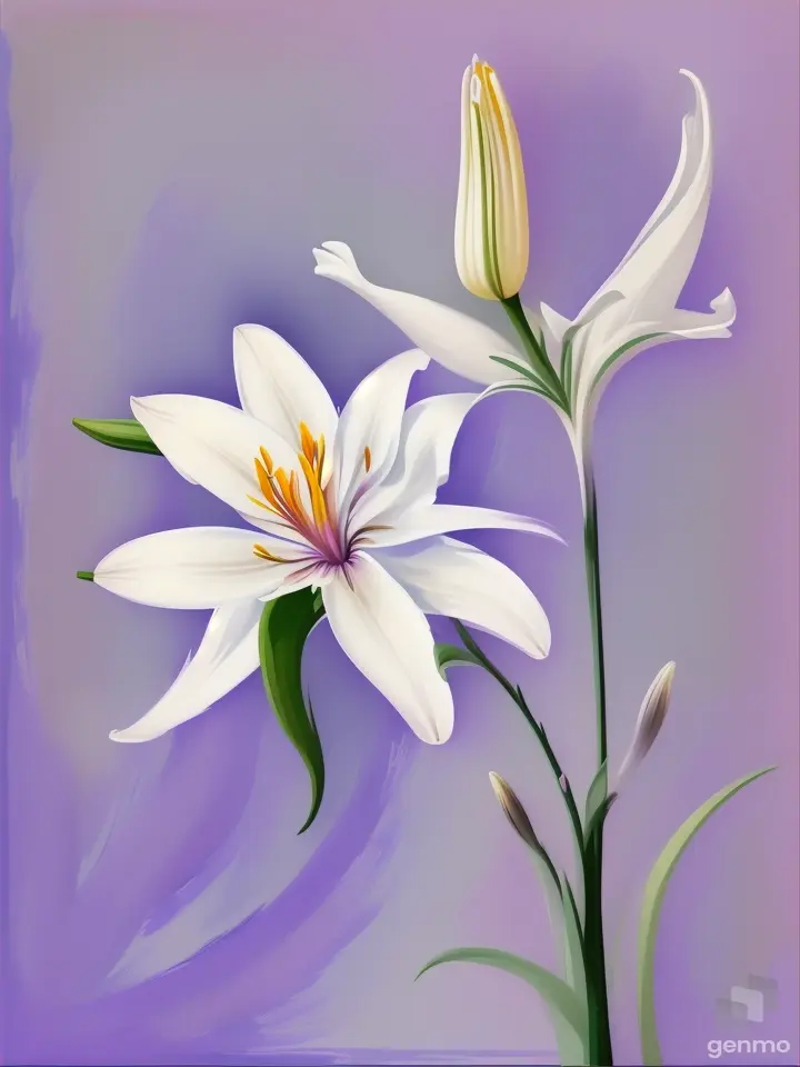 A minimalist stylized stem with white lily flower, in the style of Picasso, finger painting with heavy white outlines. On a pastel purple watercolor background.