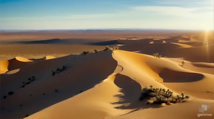 an aerial view of a desert with joshua trees, panning around the dune quickly 