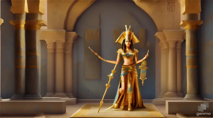 "This is an image inspired by ancient Egyptian culture, surrounded by a serene and mystical environment. The character has long, flowing white skin adorned big blue eye smile a little with flowers and wears intricate golden jewelry featuring a beautiful young woman in traditional attire standing inside a room decorated with unique symbols and architecture of Egypt. She smiles happily, wearing a golden crown with intricate designs, and her face is obscured by a beige rectangle. The walls are adorned with various Egyptian symbols and hieroglyphs, giving the image a historical and cultural atmosphere. Additionally, there is a door or window that opens to reveal the pyramids under a clear sky, creating a connection between the interior and the significant sites of ancient Egypt outside. To the right, there is a statue of an animal resembling a lion wearing an Egyptian crown similar to those worn by pharaohs, and the ceiling is decorated with colorful art and patterns characteristic of ancient Egyptian art." horizontal image