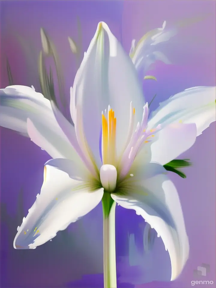 A minimalist white lily flower, in the style of Picasso, finger painting with heavy white outlines. On a pastel purple watercolor background.