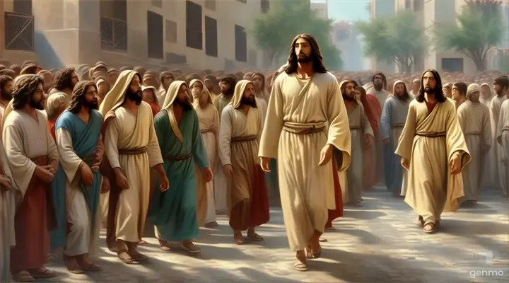 a painting of jesus walking through a crowd of people