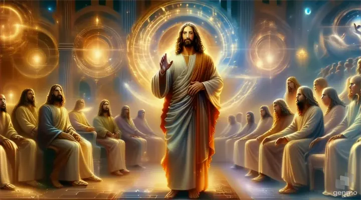 a painting of jesus standing in front of a group of people