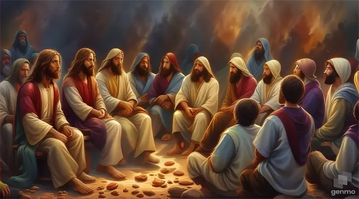 a painting of jesus talking to a group of people