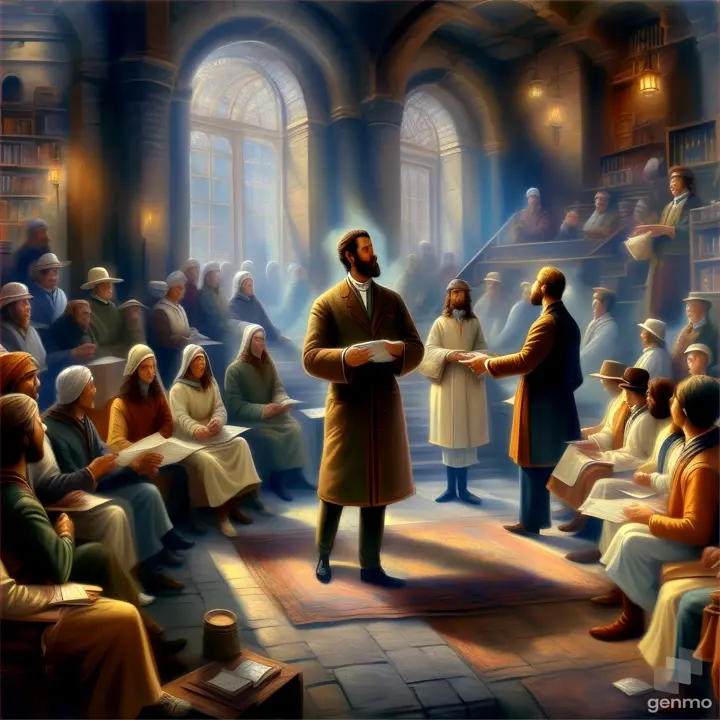 a painting of a man standing in front of a group of people