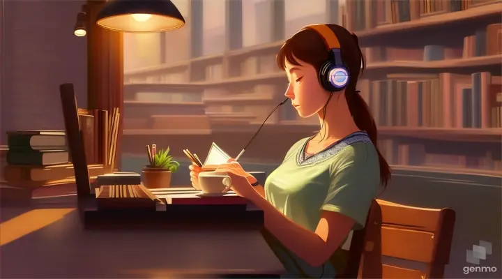 a girl wearing headphones, studying in the coffee shop, the starlight shying, listening to techno music, focusing the desk view, size 1280x720, in Studio Ghibli style