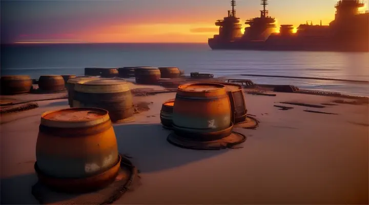 Elevated view of toxic barrels on shore with sci-fi ships on horizon during sunset