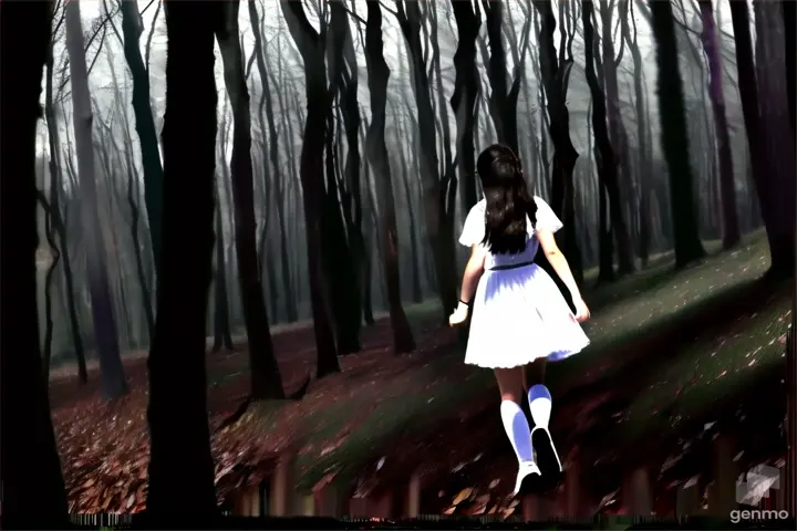 "Running through the twisted path, Sarah's heart pounded as she felt the woods closing in around her."

