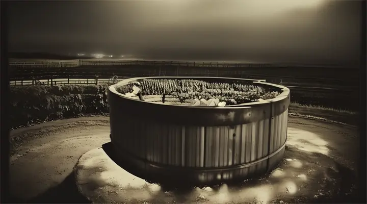 A neon waste barrel in the center of a dark and moody vineyard, surrounded by rows of glowing grapes