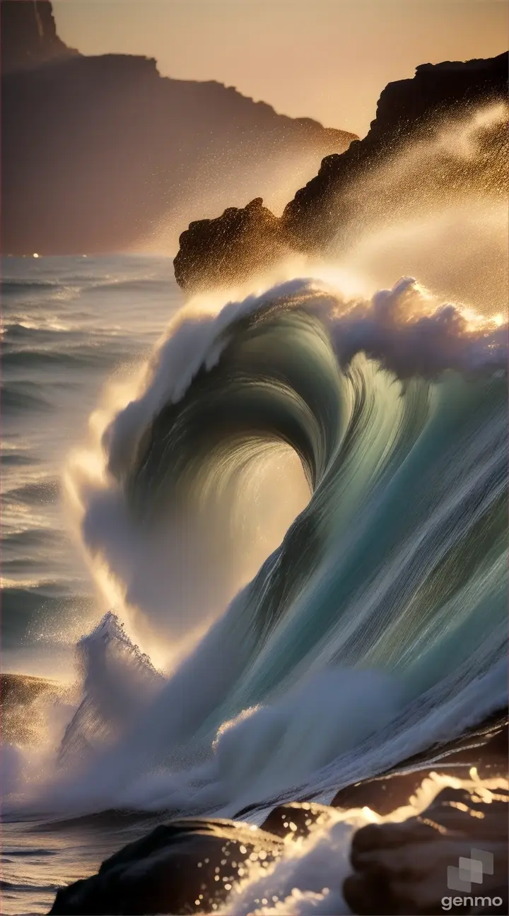 A wave crashing against a rocky shore, with the spray flying into the air and back down into the sea, repeating in a mesmerizing loop.