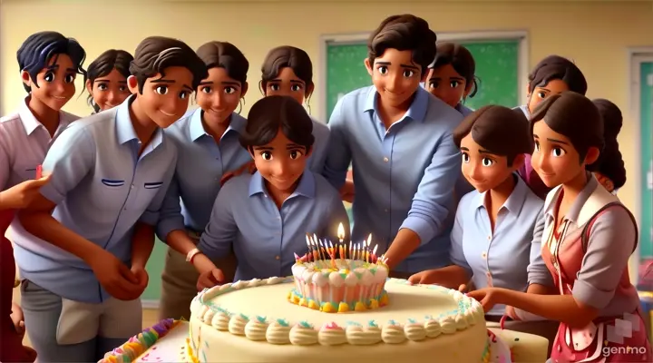 a group of people standing around a birthday cake, slightly moving, very slightly smiling, all looking happy.