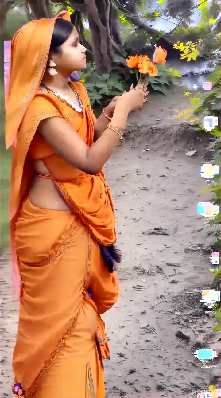 A woman in an orange sari holding a flower, standing in a pastel field of flowers