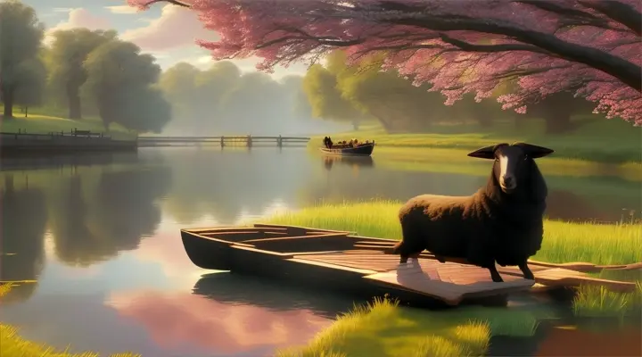 A black sheep leisurely relaxing on a raft under the warm sun, surrounded by gentle currents and blossoming trees