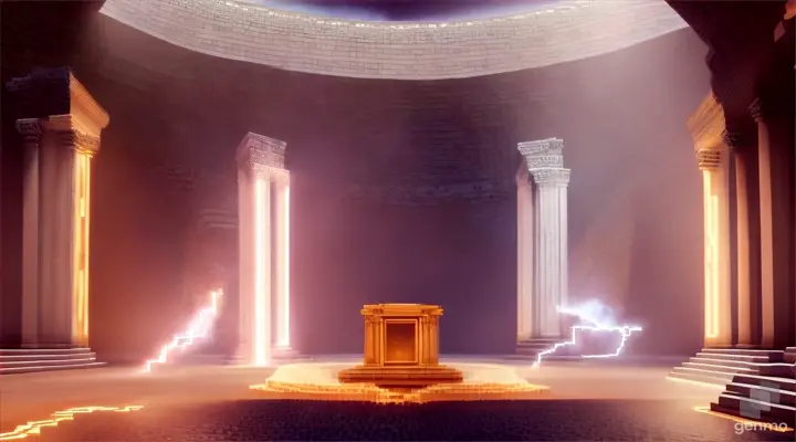 Nether portal greek pantheon lightning, bright, white, pixel voxel