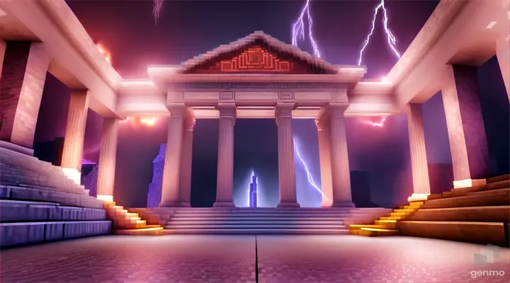 Nether portal greek pantheon lightning, bright, white, pixel voxel