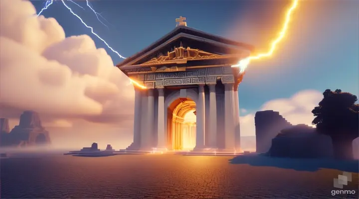 Nether portal greek pantheon lightning, bright, white, pixel voxel