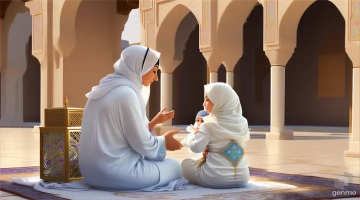 2 arab hijabi women wearing all white abaya and hijab in ancient mecca, one of the women is holding a boy baby wrapped in a white cloth,while they sit in an ancient arabian courtyard camera view from their backs, landscape