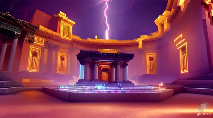 Nether portal greek pantheon lightning, bright, white, pixel voxel