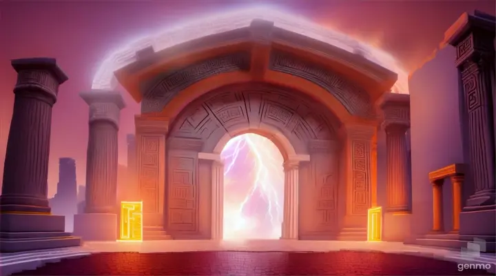 Nether portal greek pantheon lightning, bright, white, pixel voxel