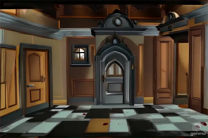 a hallway with a door and a clock on the wall