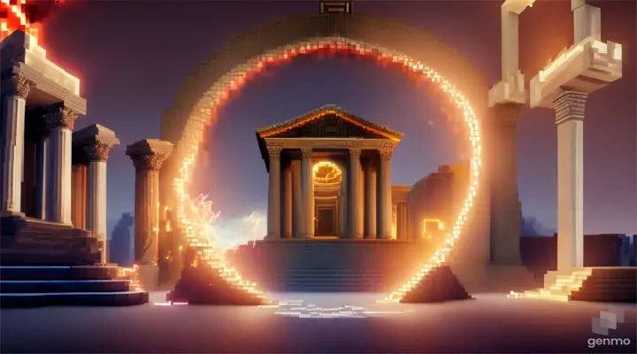 Nether portal greek pantheon lightning, bright, white, pixel voxel